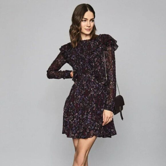 REISS Carey Floral Printed Ruffle Mini Dress - Picture 1 of 13
